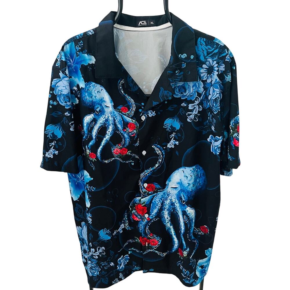 Mens Tropical Octopus Hawaiian Shirt XL Black Blue Floral Roses Button Up Beach